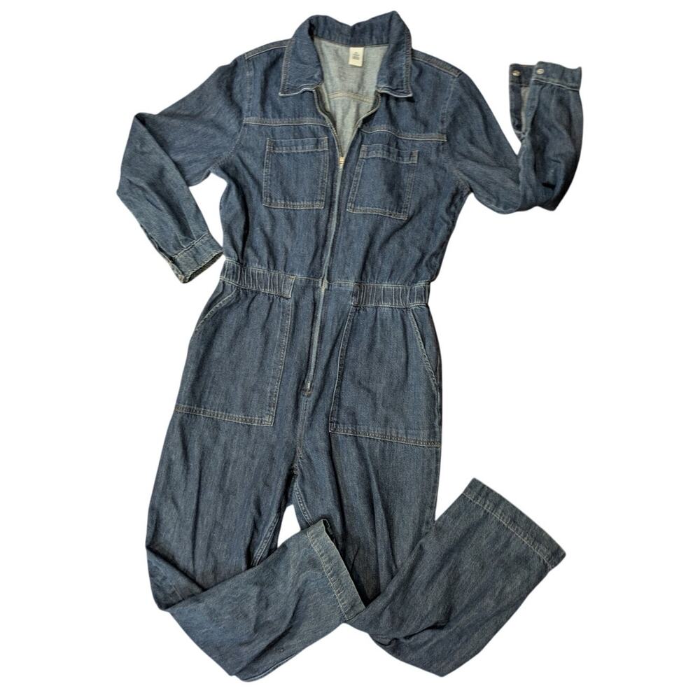 &Denim Jumpsuit Chambray Blue Long Sleeve Tie Waist Pockets Size M